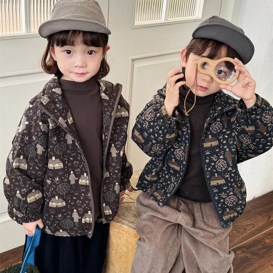 

Children Clothes 2024 Autumn New Cartoon Print Hooded Coat Boys and Girls Baby Loose Simple Style Casual Fashionable Jacket