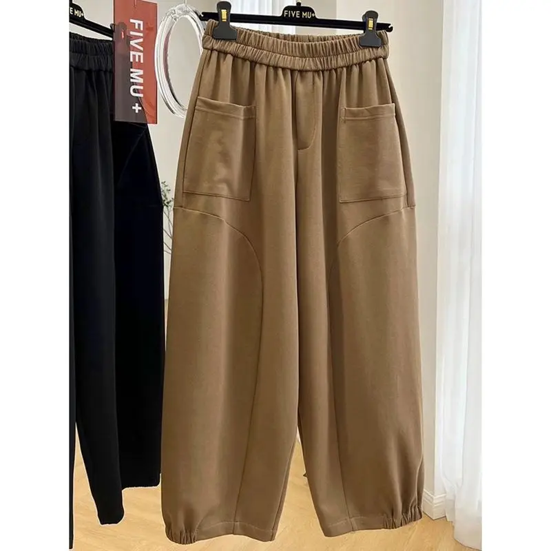 Plus Size 5XL 150kg Autumn Women\'s Wide Leg Pants Solid Color Elastic Waist korean Big Pocket Trousers Oversize Winter Clothes