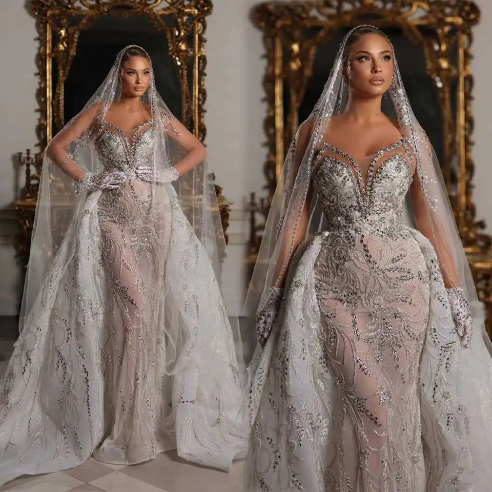 Lindo sereia vestidos de casamento 3d contas vestido de noiva renda cristal personalizado plissado tule cauda destacável robes de mariée