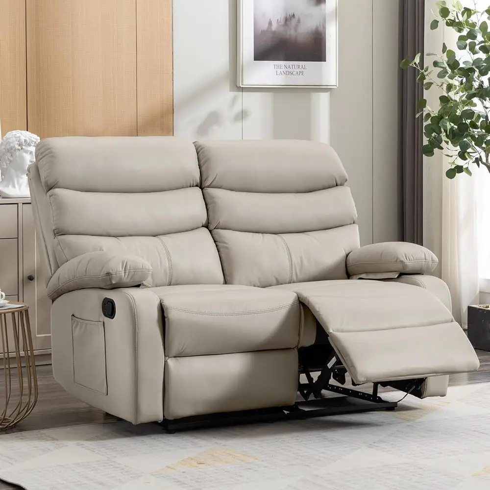 

Beige Double Recliner Loveseat with Anti-Scratch Leather and Side Table for Living Room, RV, or Home Theater