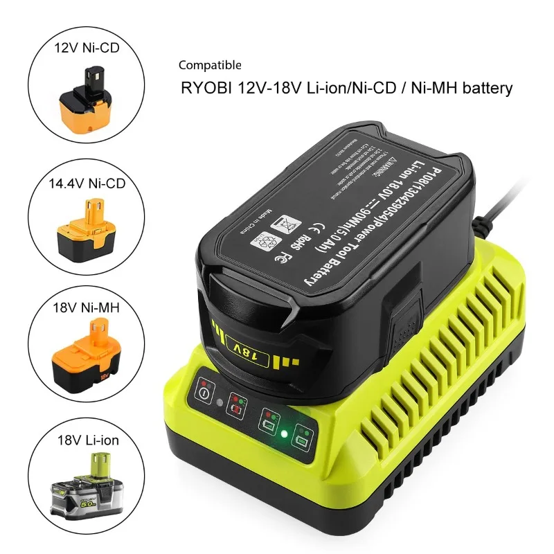12V-18V Universal Charger For RYOBI P117 P108 Lithium and Nickel Battery Replacement Spare Part Charger