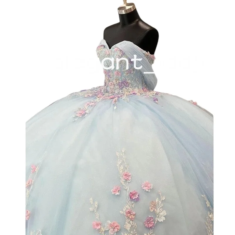 Vestido De quinceañera azul cielo, apliques florales, flores 3D rosas, hombros descubiertos, corsé con cordones, Vestidos De graduación, XV Anos