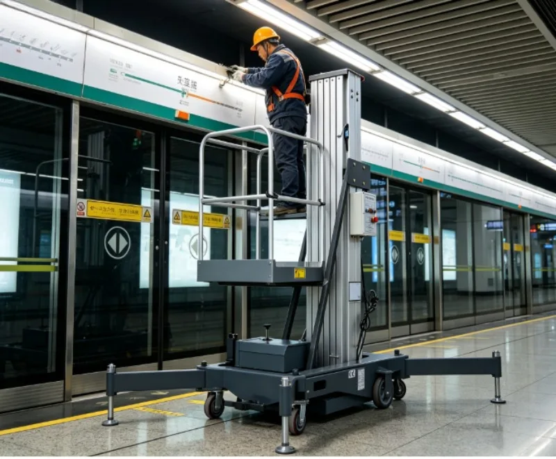 Hydraulic Electric Dual Mast Aluminum Lift, Mobile Vertical Aerial Work Platform 250kg Portable Indoor Dual Mast Aluminum Lift
