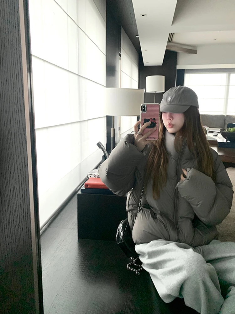 

Ele ort Puffer Jaet Women's Bread ape Faux Fur Collar down Coat White Du Feather Warm Thiened Long Sve Zipper