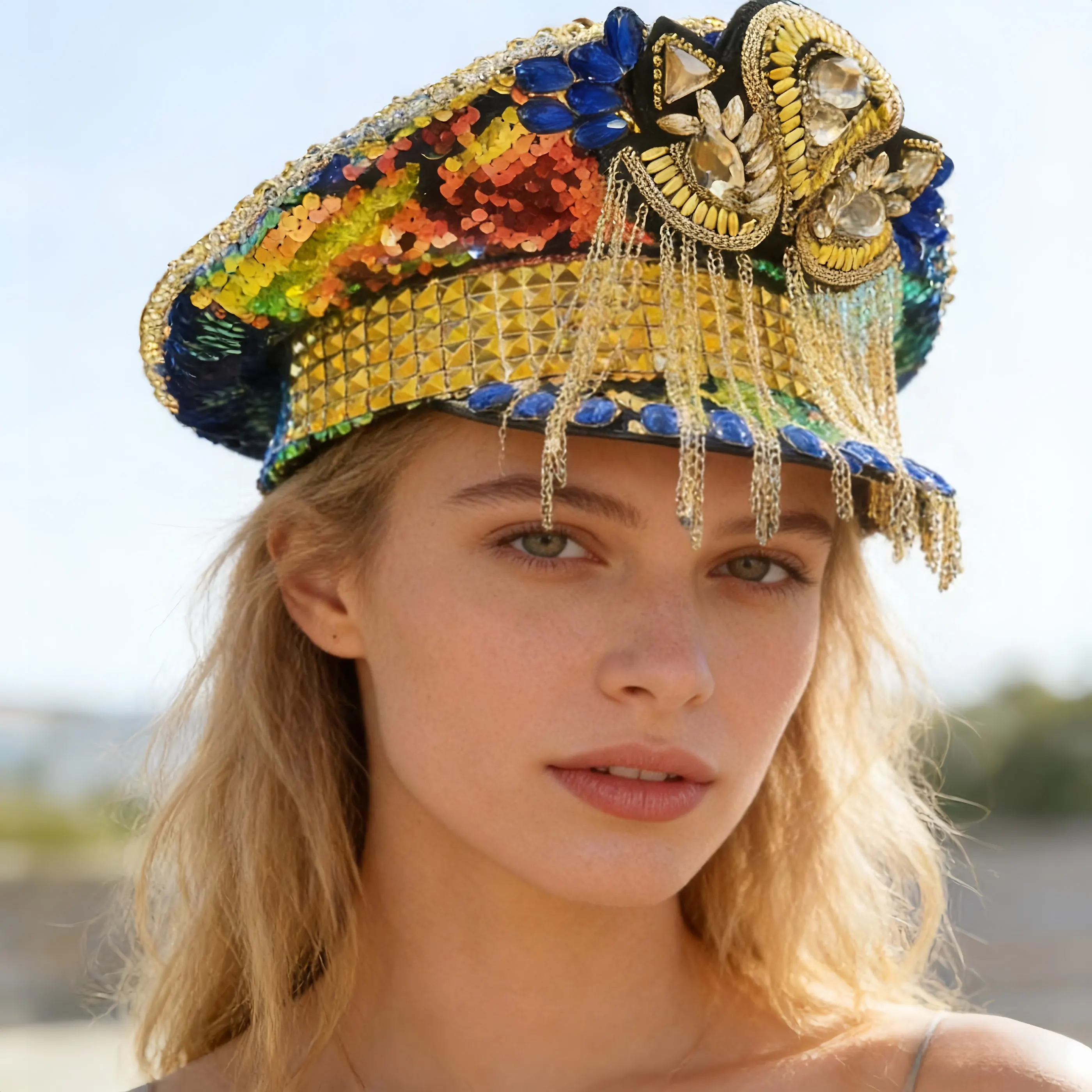 

Роскошная фуражка HongLuan с кисточками и стразами для Burningman Festival, винтажные военные аксессуары и кепка для мужчин и женщин