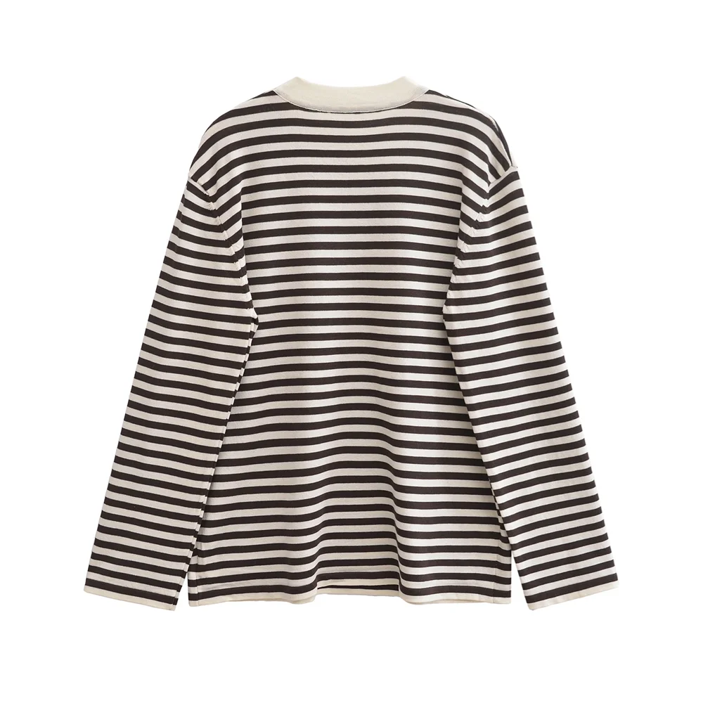 PB&ZA2024 Autumn New Women's Fashion Style Versatile Casual Half High Collar Long Sleeve Striped Knitted Shirt