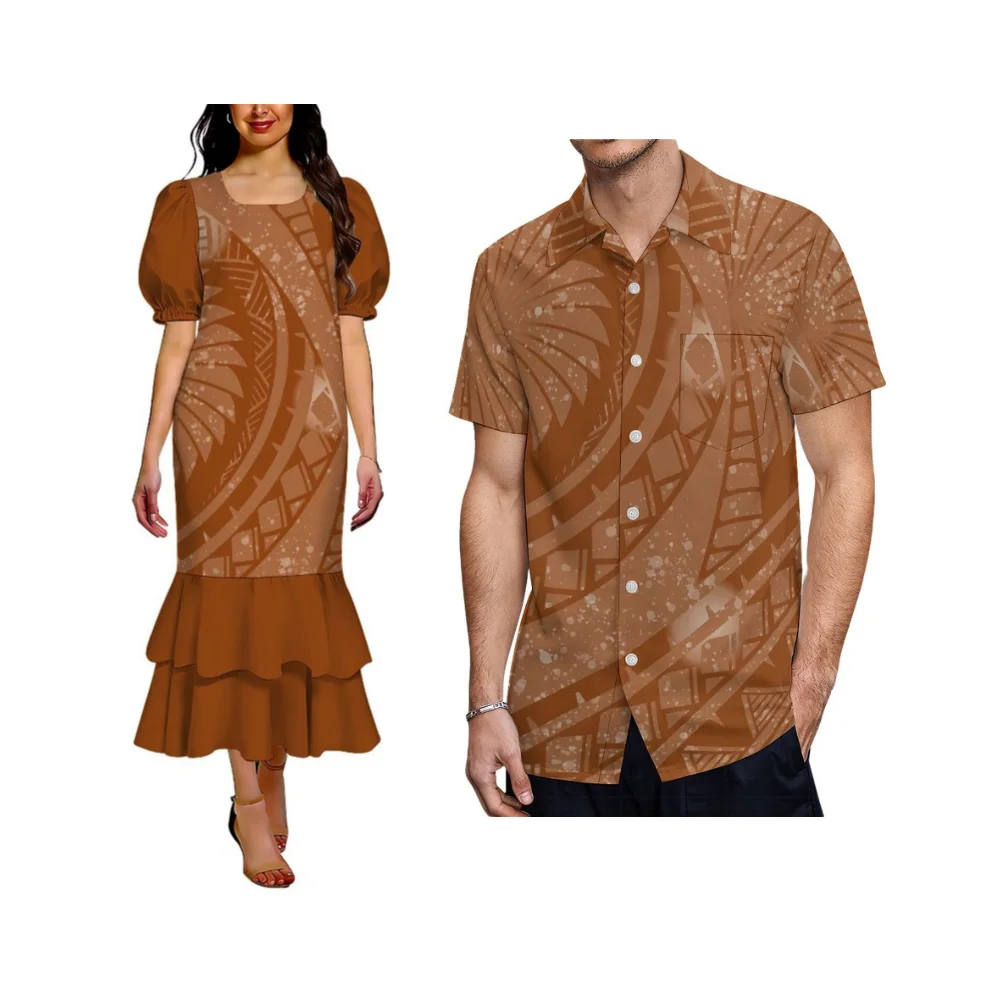 Customized Floral Print Pattern High-Quality Polynesian Couple Outfit Women'S Elegant Double-Layered Hemmed A-Line Skirt