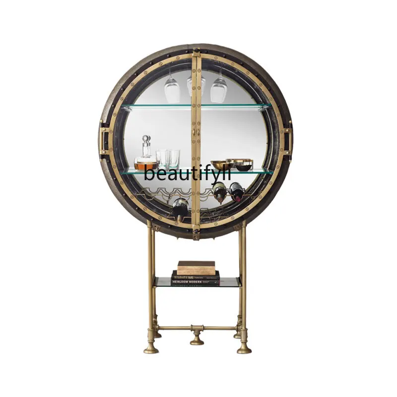 Light luxury stainless steel wine cabinet round designer living room retro wall storage display cabinet