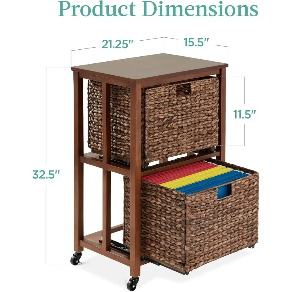 Portable Multi-Position Water Hyacinth Basket Organizer with Rubberwood, Metal Sliders, and Locking Wheels - Mocha