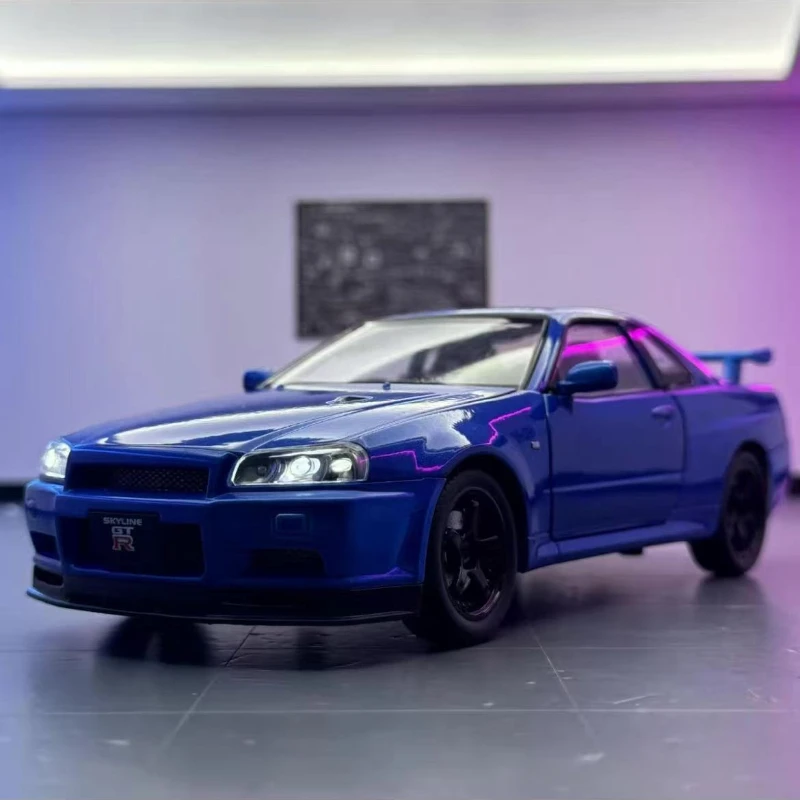 1/24 닛산 스카이라인 GTR-R34 속도와 열정 합금 자동차 모델 소리와 빛 어린이 장난감 생일 선물 프리미엄 컬렉션