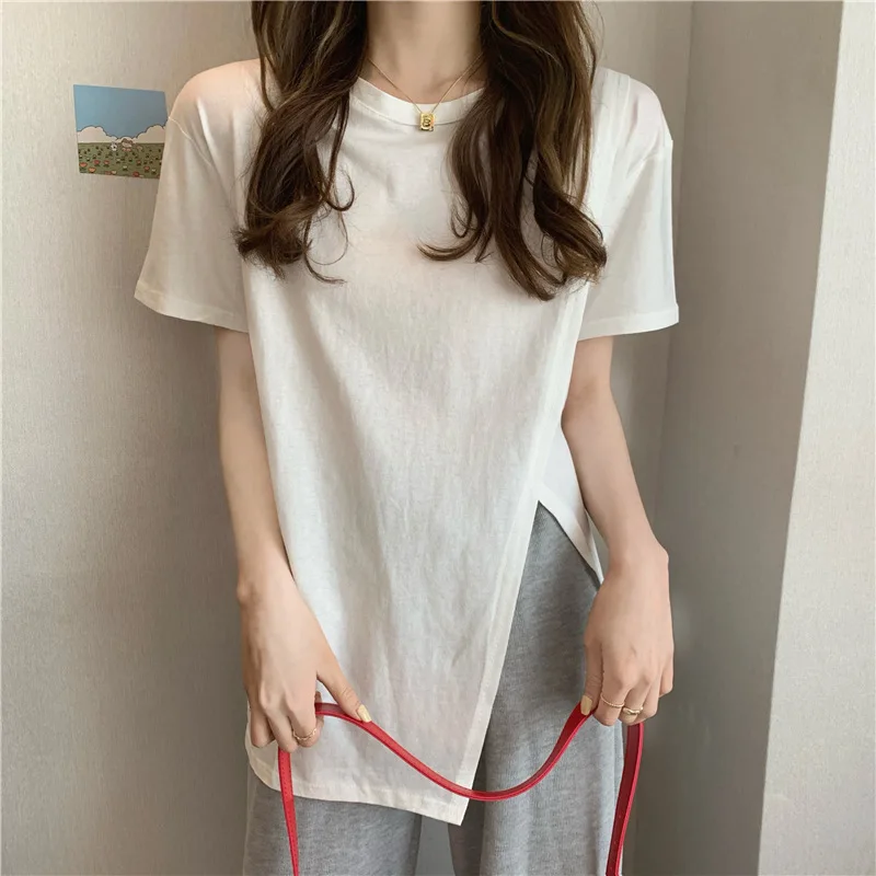 Fashion Simple Style Women's Short Sleeve T-Shirt Cotton Summer Loose Solid Split Irregular Lolita Hottie Sweet Round Neck Tops