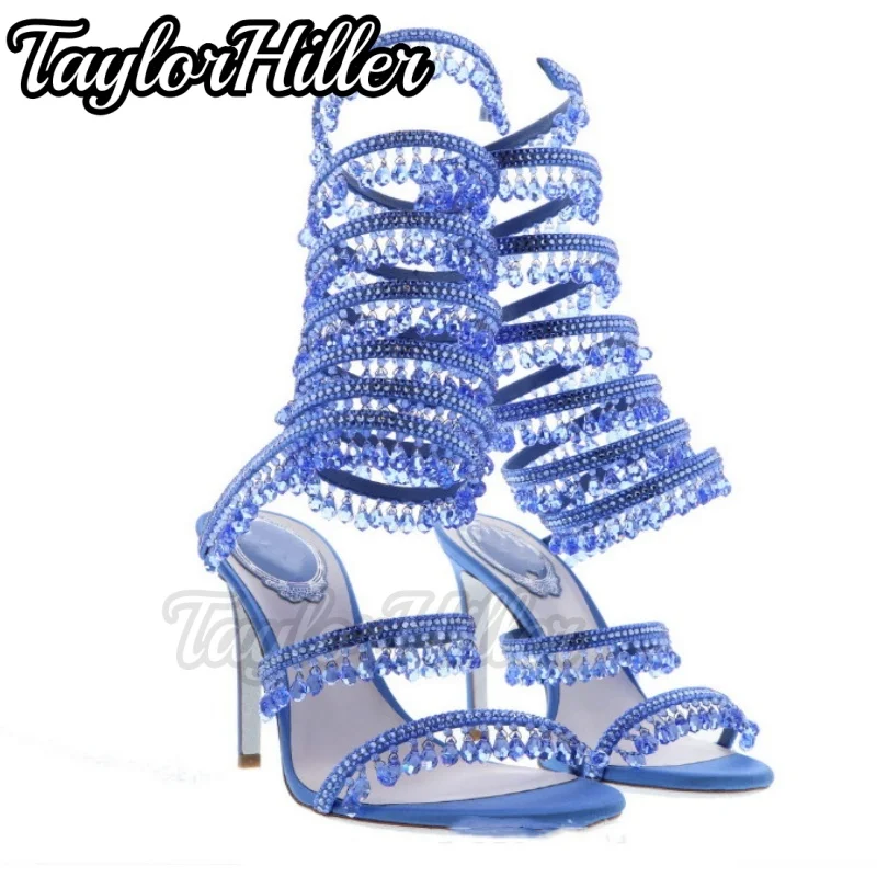 New Crystal Heeled Sandals Fairy Snake Wrap Stiletto High Heels Shallow Pull On Slip On Modern Shoes Luxury Spring Summer Shoe