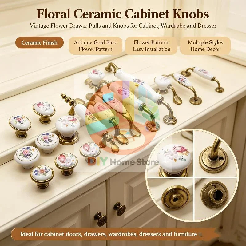 1 Set European Style Floral Ceramic Cabinet Pulls Waterproof Drawer Handles for Closet Dresser Bathroom Kitchen Furniture