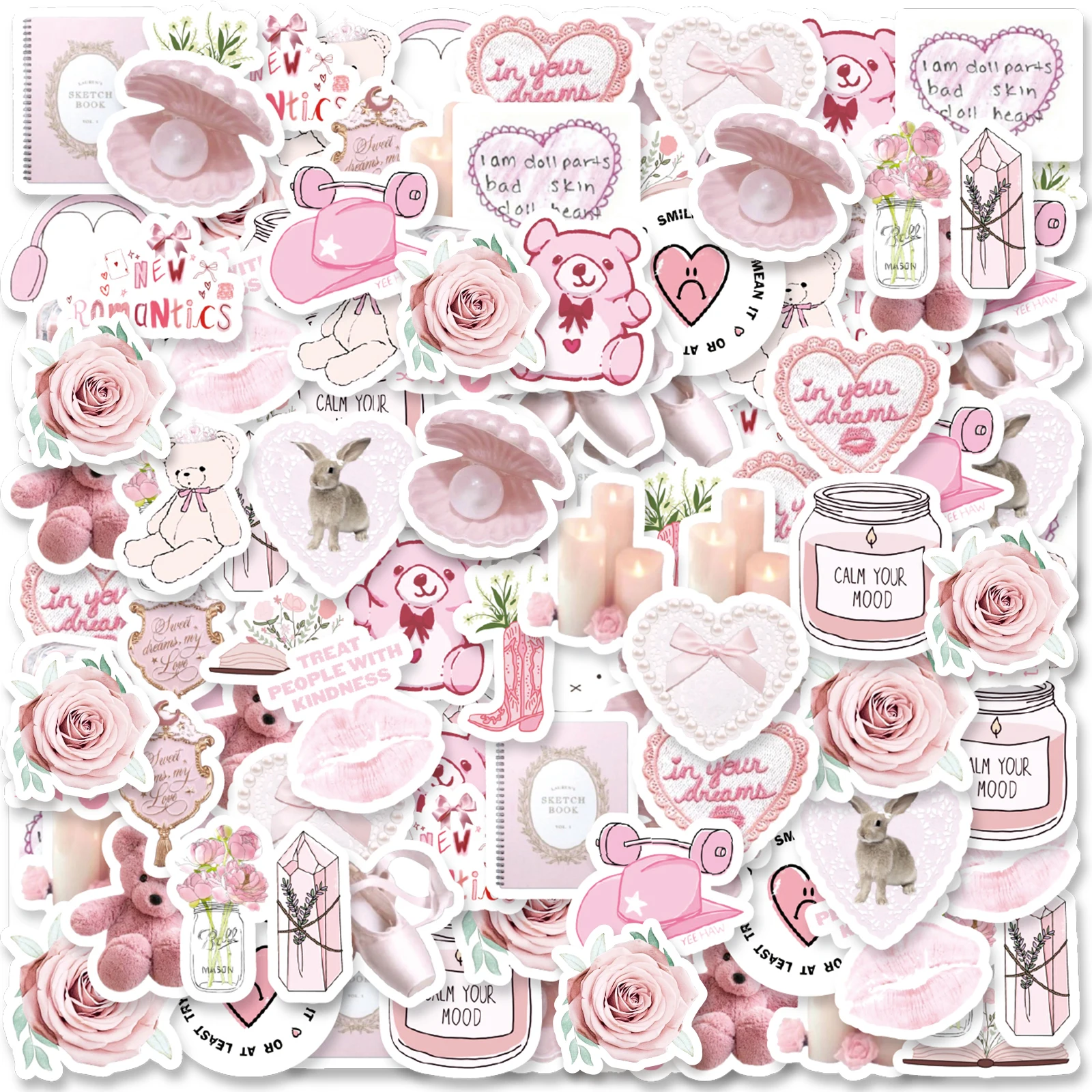 46pcs, Big Bear, Rose, Rabbit, Pink Theme Stickers Decorated Laptop Phone Case Water Bottle Classic Toy Stationery DIY Decal