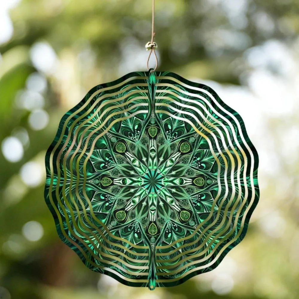 3D Metal Mandala Wind Chime, Green White Stained Glass Effect, Weatherproof Hanging Decor for Garden Patio Balcony, Fade R