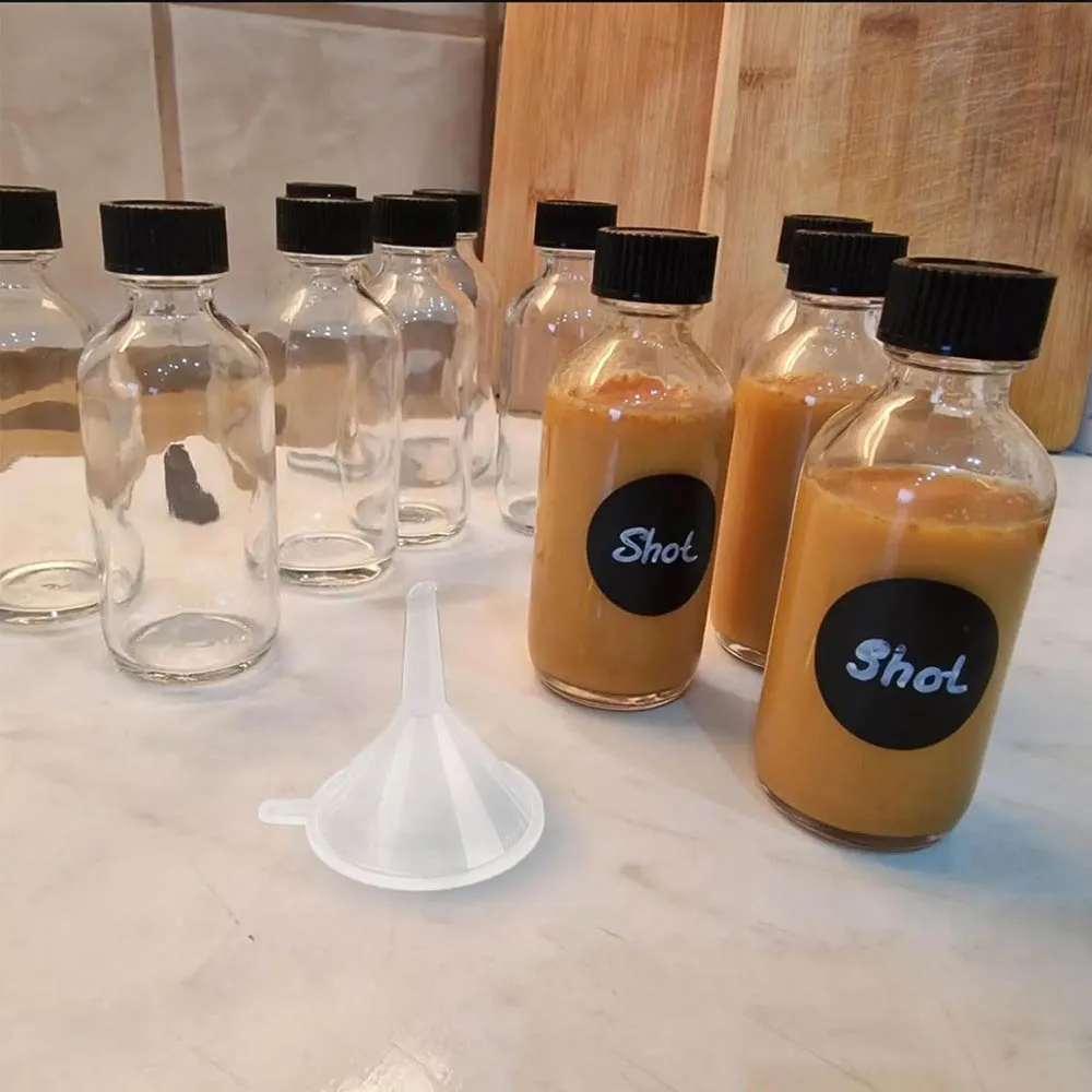 6Pack 2oz Glass Shot Bottles with Caps and Funnels, Boston Round Glass Bottles, Leakage-Proof Ginger Shots Bottles