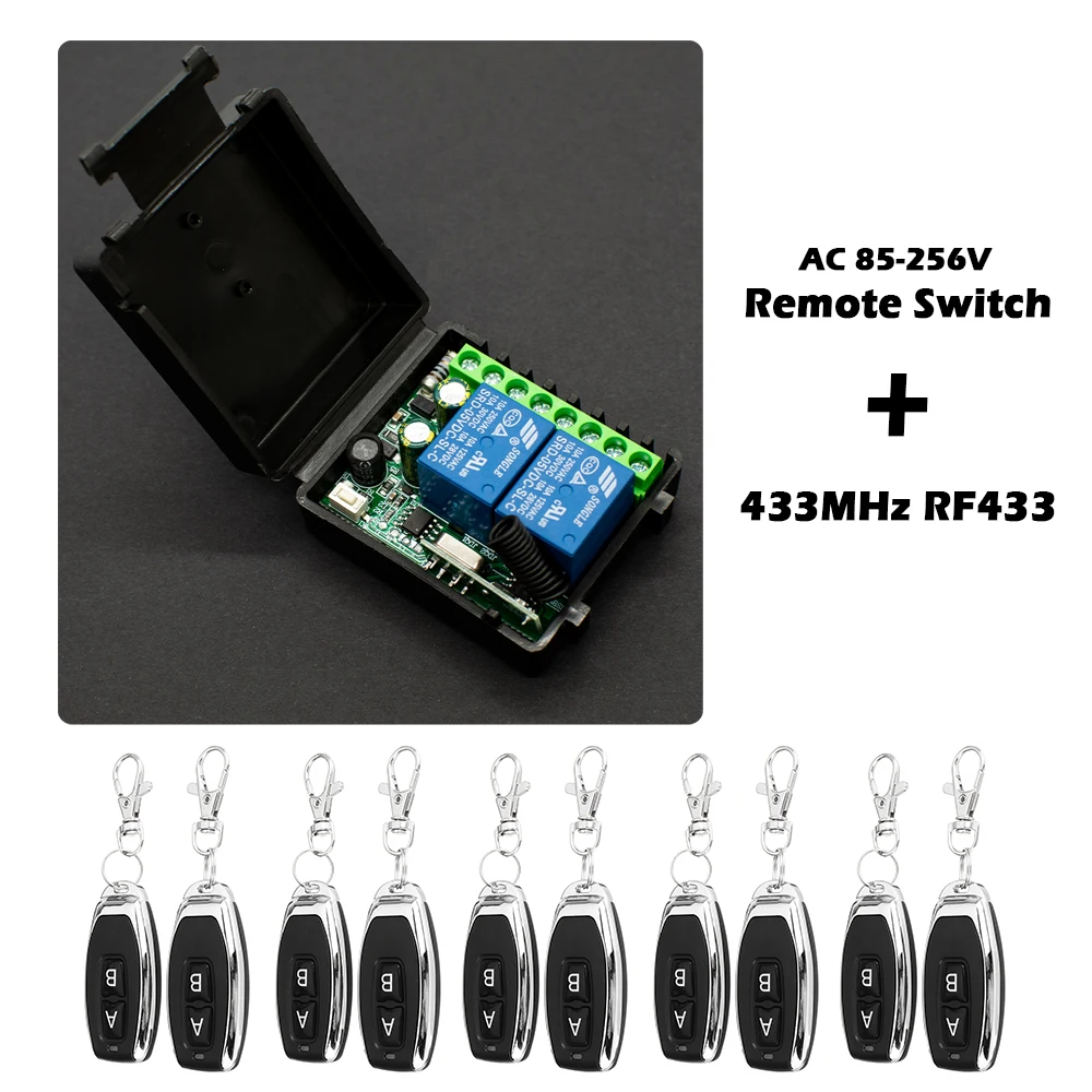 2CH 433Mhz RF Remote Switch AC 85-256V, 2-Channel Wireless Relay for Garage Door/Curtain/Light with 433MHz Handheld Transmitter