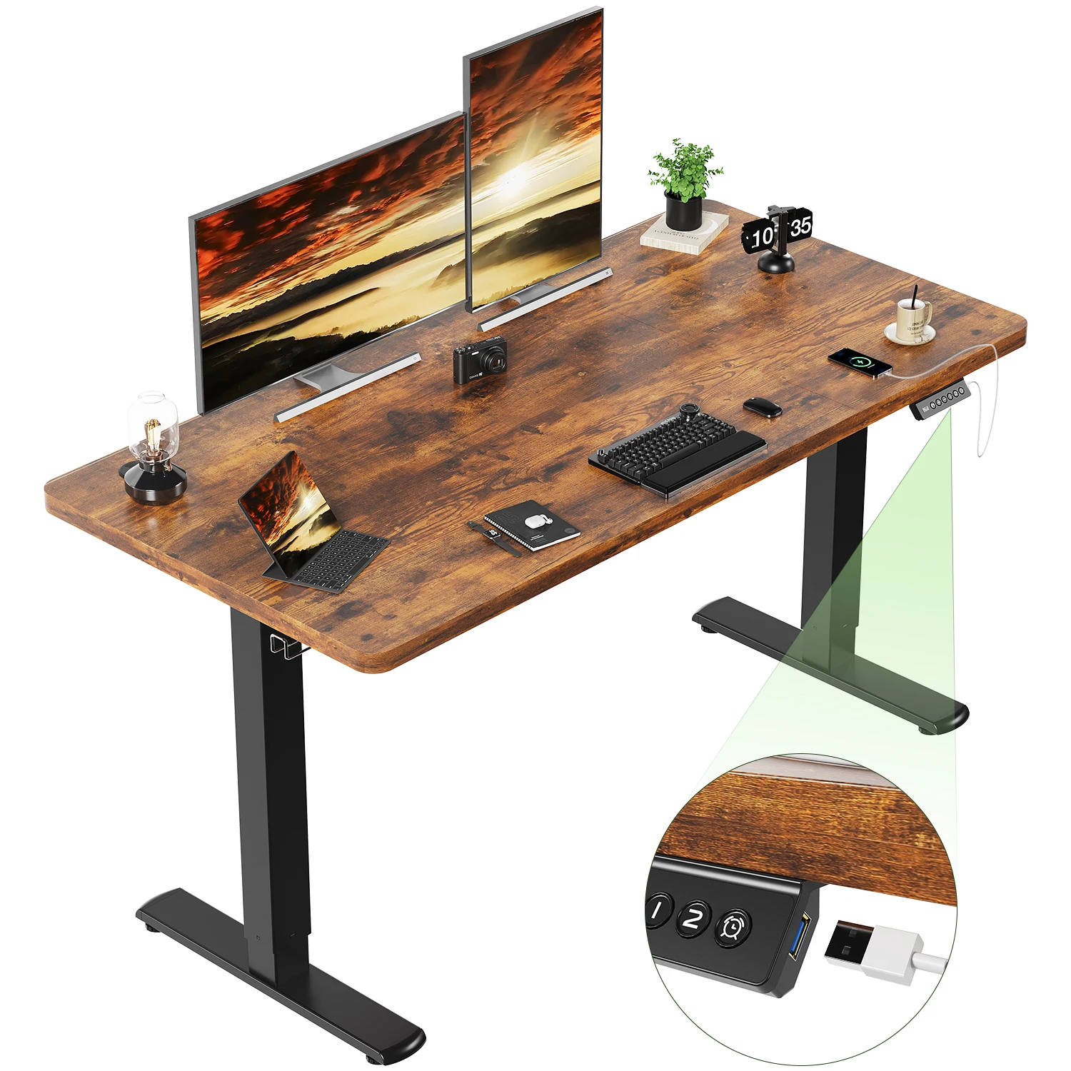 Devoko In hoogte verstelbaar bureau met USB-aansluiting 140x60 cm Computerstaand bureau Ergonomische thuiskantoortafel
