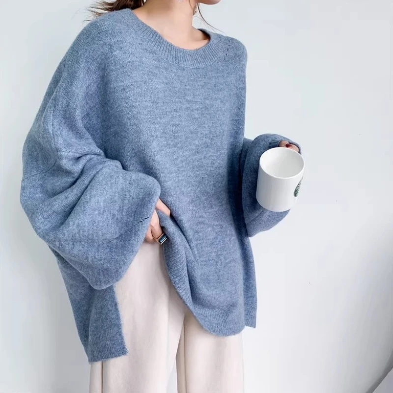 Damskie swetry na jesień i zimę, długie, szare, z rękawami typu latarnia, rozcięciem bocznym, dekoltem O, dzianinowe pulowery, oversize, pull hiver femme