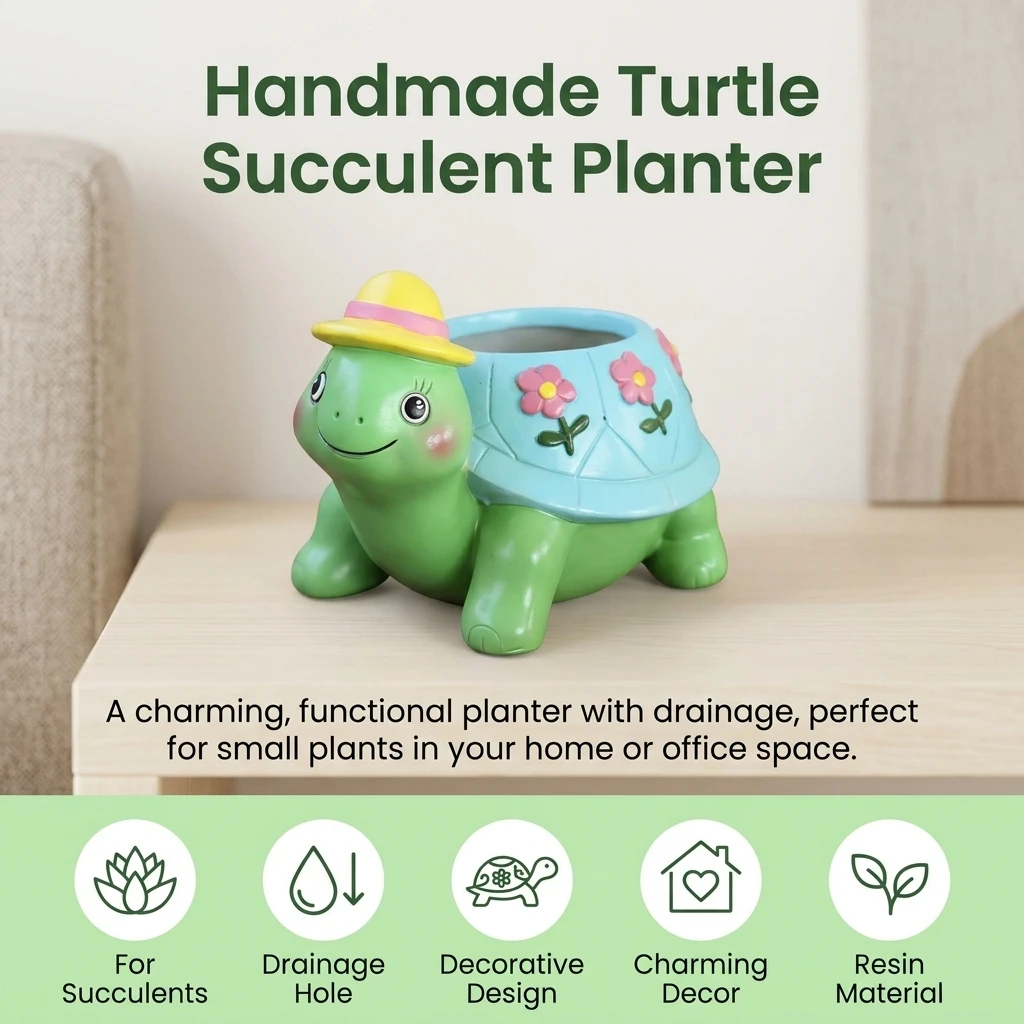 Eco-friendly Resin Planter Pot for Home Office Decor Cute Turtle Succulent Flowerpot with Drainage Hole Indoor Garden Gift