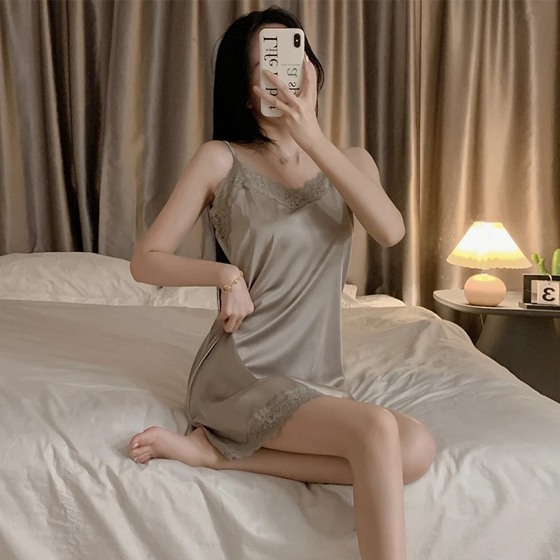 

Summer Women's Che Nightgown Lace V-ne Ice Silk ey Sp Dr Strapl Home Comfort Sweet Sle Mid-length Skirt