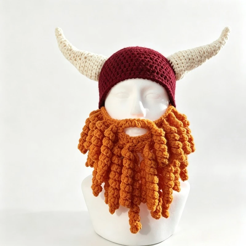 Handmade Colorful Viking Goat Horn Mask Hat Men Winter Custom Crochet Plush Knitted Beard Beanie Women Funny Cosplay Party Cap