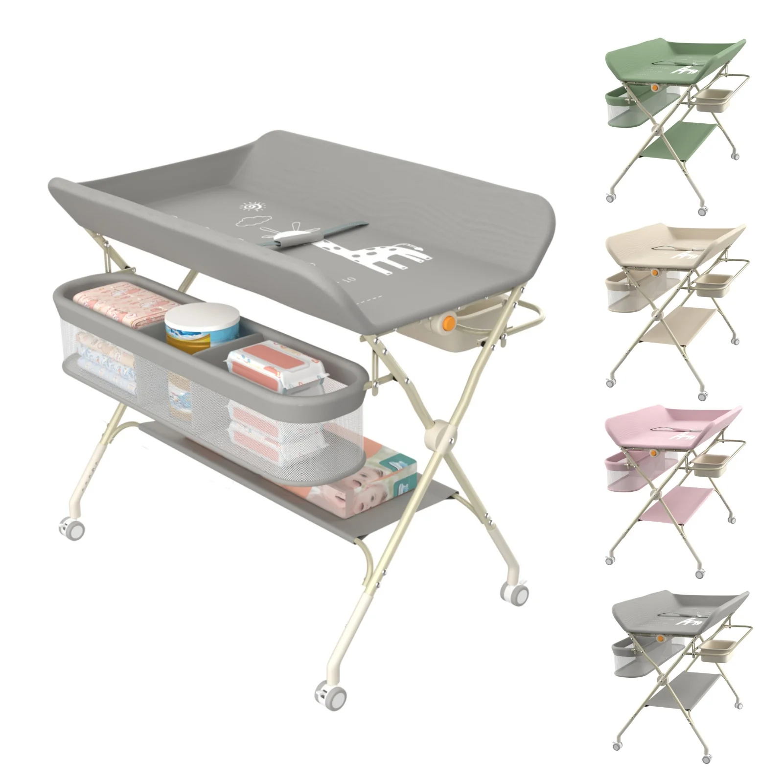 Table à langer avec roulettes, avec panier de rangement latéral en fer, charge maximale 25 kg pour les nouveau-nés, design ergonomique, rangement, pour les nouveau-nés