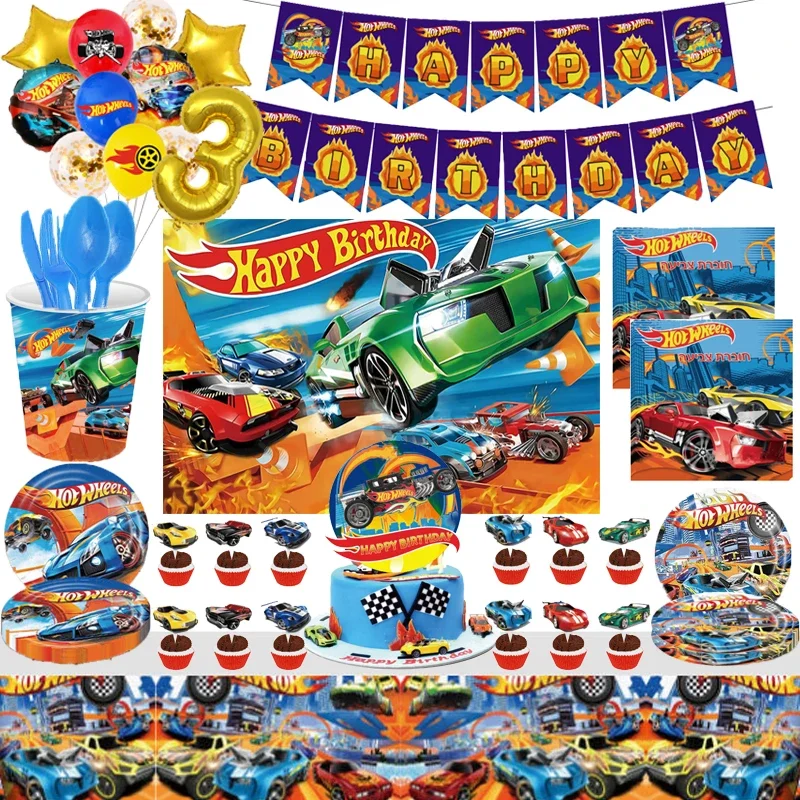 

Hot Wheels Party Decoration Race Car Birthday Supplies Disposable Cup Plate Cutlery Cake Flag Flag Vortex Children's Gifts