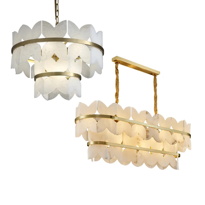 Modern Brass Marble Ceiling Pendant Lights Dimmable, Luxury Home Decoration Living Room Foyer Large Hanglamp Alabaster Lamps