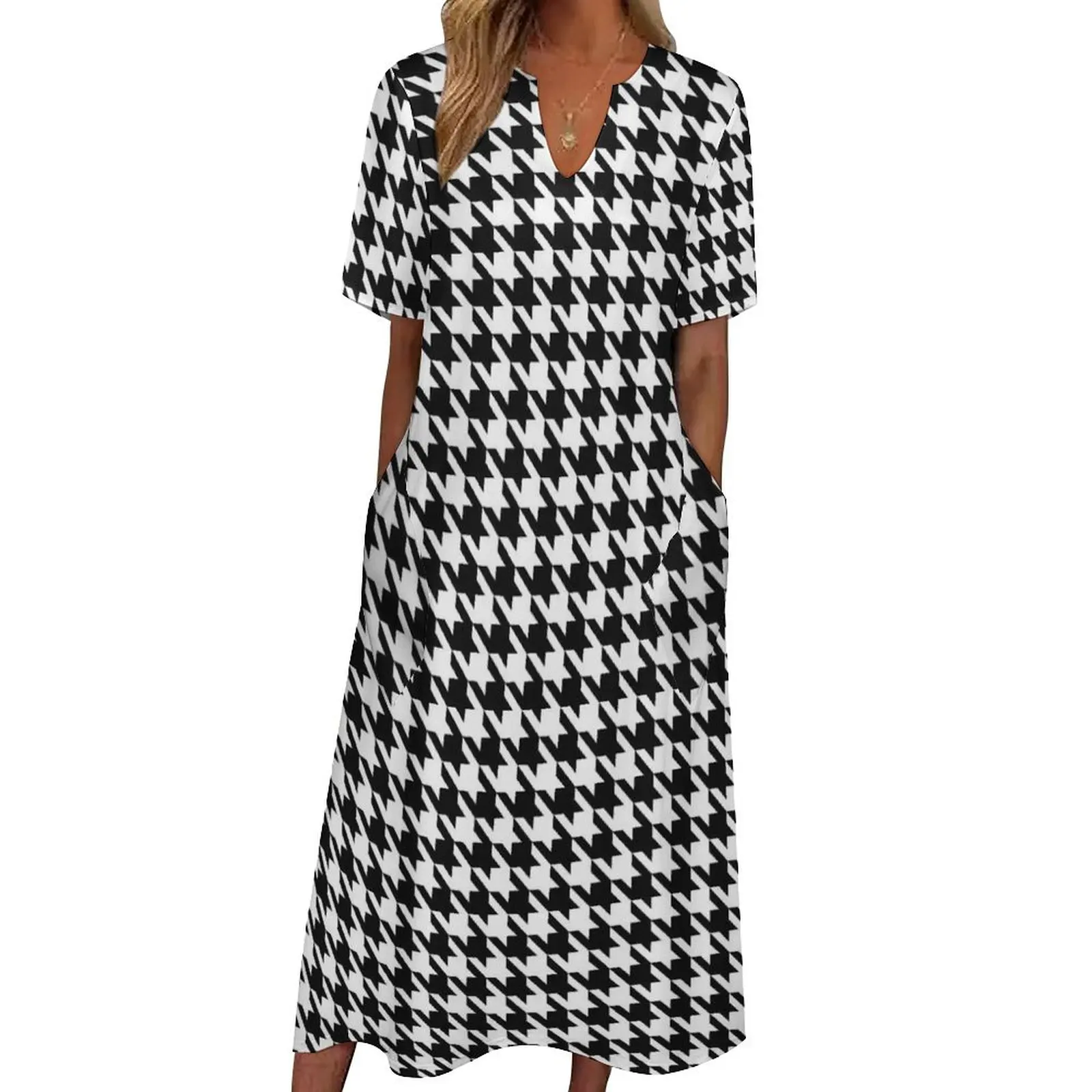 

Black White Houndstooth Dress Retro Print Party Maxi Dress Aesthetic Bohemia Long Dresses Woman V Neck Graphic Oversized Clothes