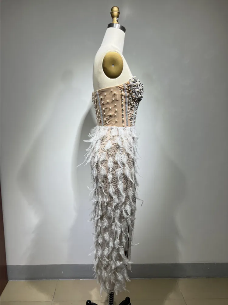 New Women Summer Sexy Strapless Backless Sequins Feather Pearl Beading Ankle Length Dress 2023 Elegant Evening Party Dress