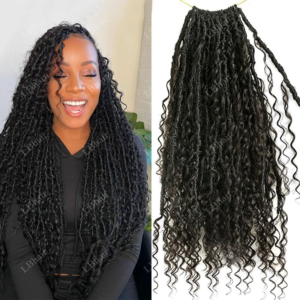 

Pre-looped Crochet Boho Locs with Human Hair Curls Dreadlocks Hair With Curly Human Hair End Soft Messy Boho Locs for Women