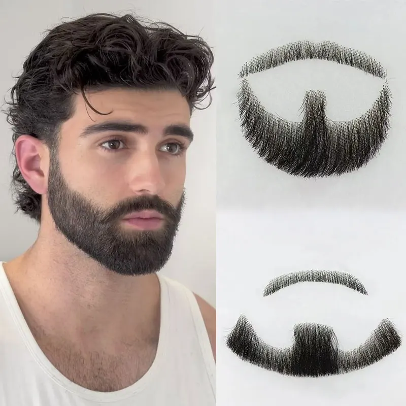 Black Color Fake Facial Beard Mustache For Men Invisible Lace Base 100% Human Hair Brown