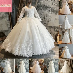White Floor Length Lace Applique Flower Girl Dresses Brithday Party Princess First Communion Pageant Skirt Customized W8-43