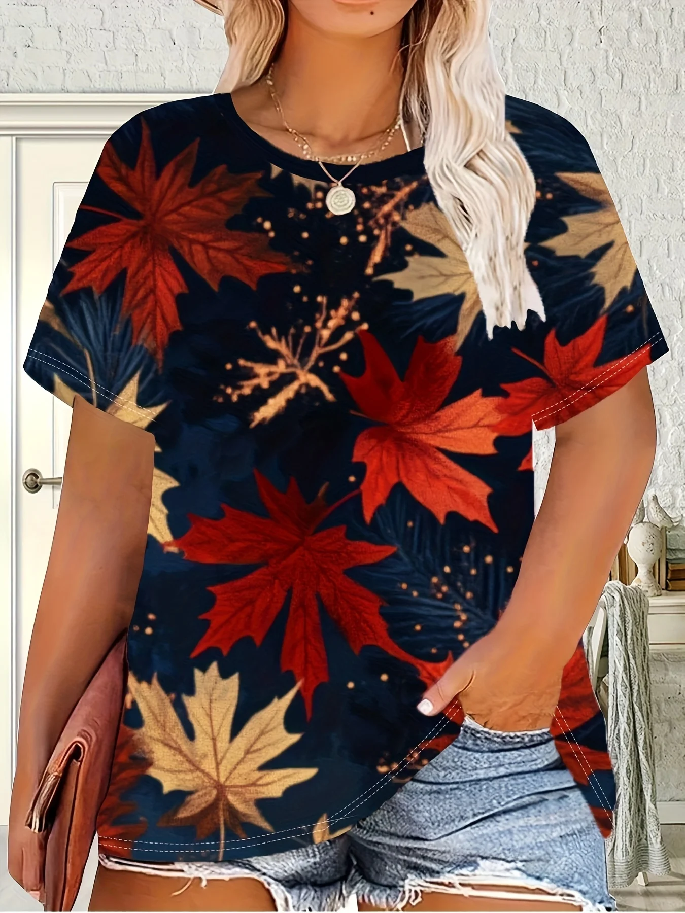 Women Crew Neck Short Sleeve T‑Shirt, Fall Maple Leaf Print Autumn Botanical Floral Graphic Casual Summer Tee