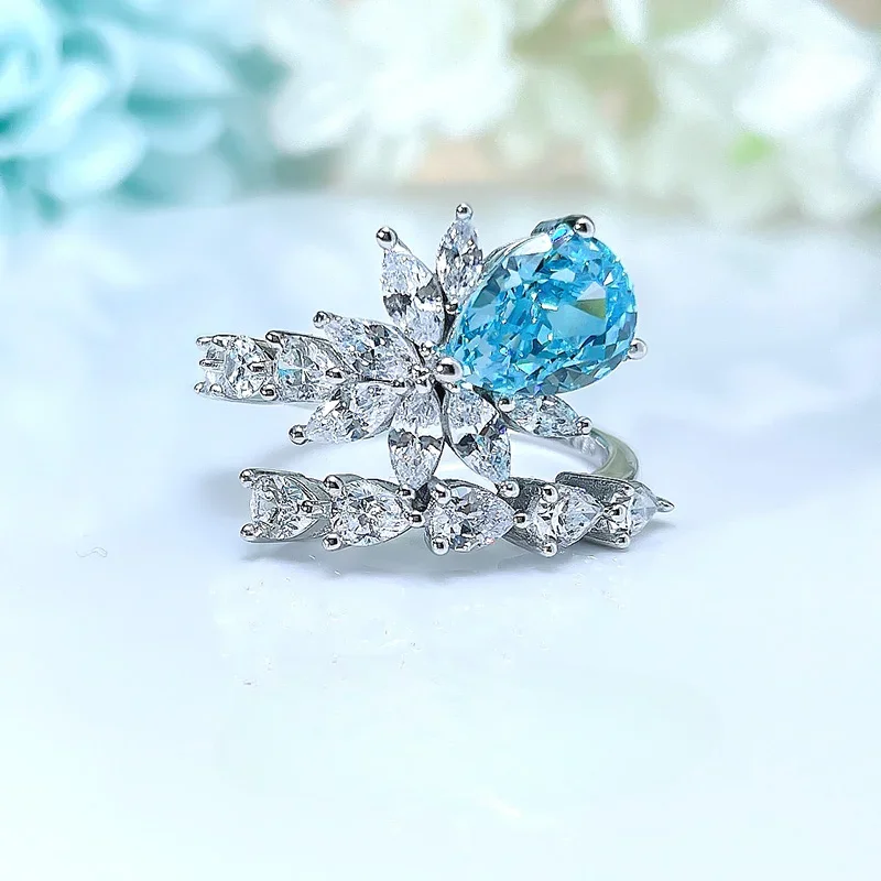 

Light luxury socialite temperament, sea blue treasure droplet ring, small fresh imported high carbon diamond, niche 925 silver