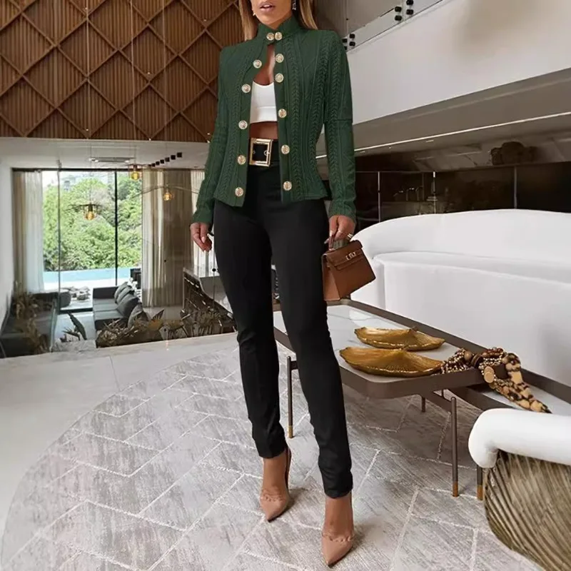 

Осенне-зимняя женская куртка Slim Fit с металлическими пуговицами и воротником-стойкой, жаккардовое пальто с длинными рукавами, однотонное OL, дорожное пальто для работы