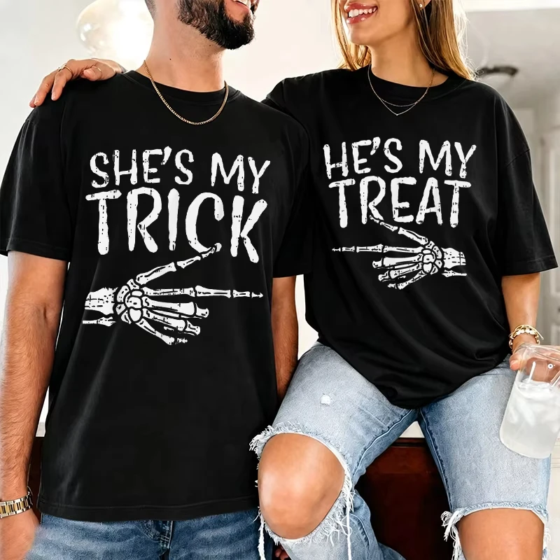 He's My Treat/She's My Trick Skeleton Matching Couple Halloween T-Shirt Fun Women Men Spooky Season Halloween Tshirts