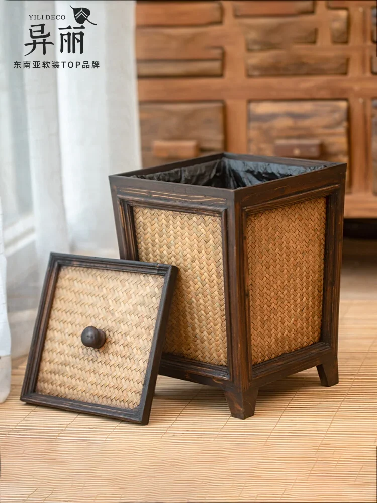 

Vintage Rattan Wooden Wastebasket with Lid Living Room and Tea Room Bamboo Dust Basket Household Trash Can