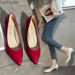 White High Heels Womens Thick Heels All-match Black Patent Leather Pointed Toe Pumps Simple Fashion Mid Heel Career Work Shoes