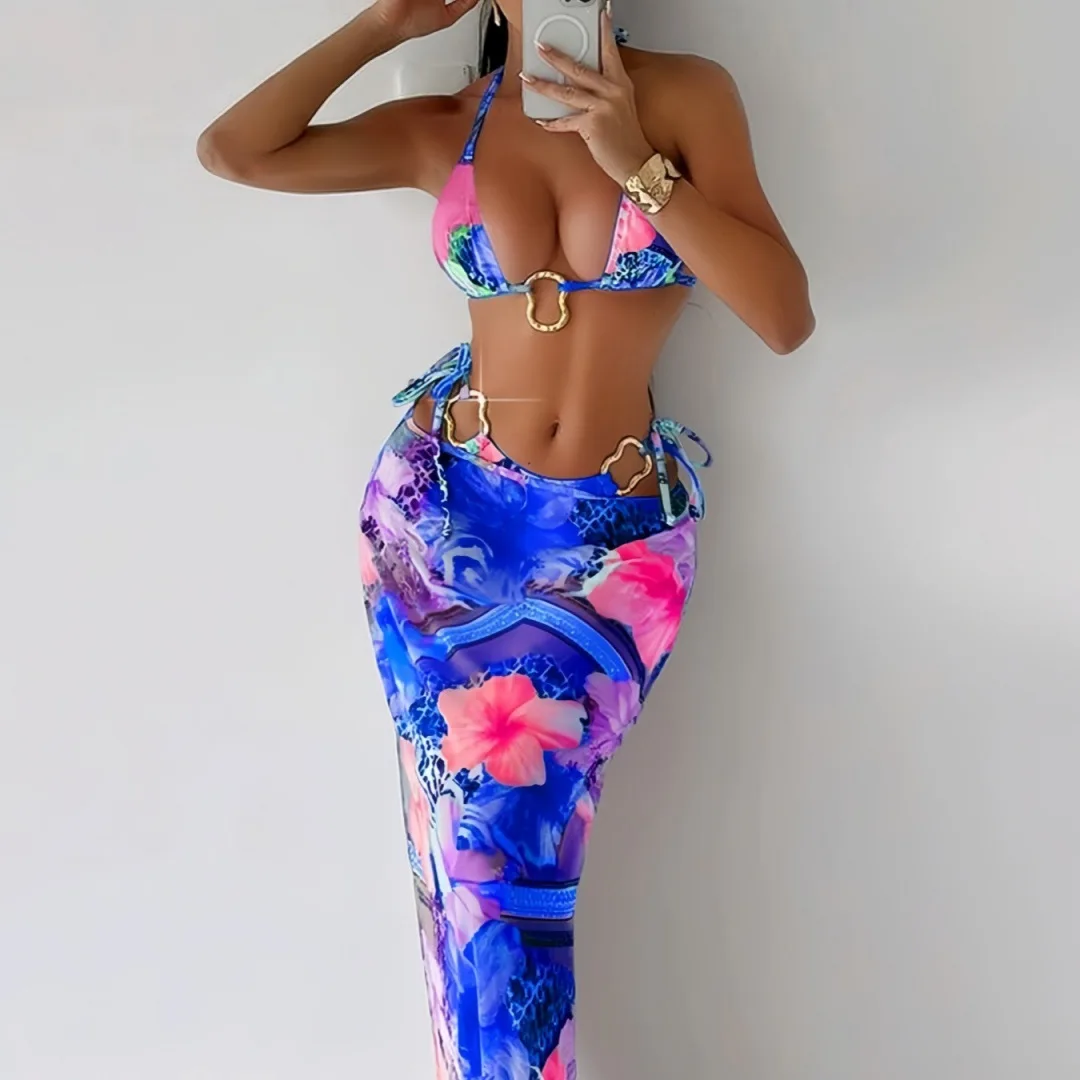 Cikini 3pcs Women's Printed Triangle Cup Spaghetti Strap Bra Set For Summer Beach Vacation