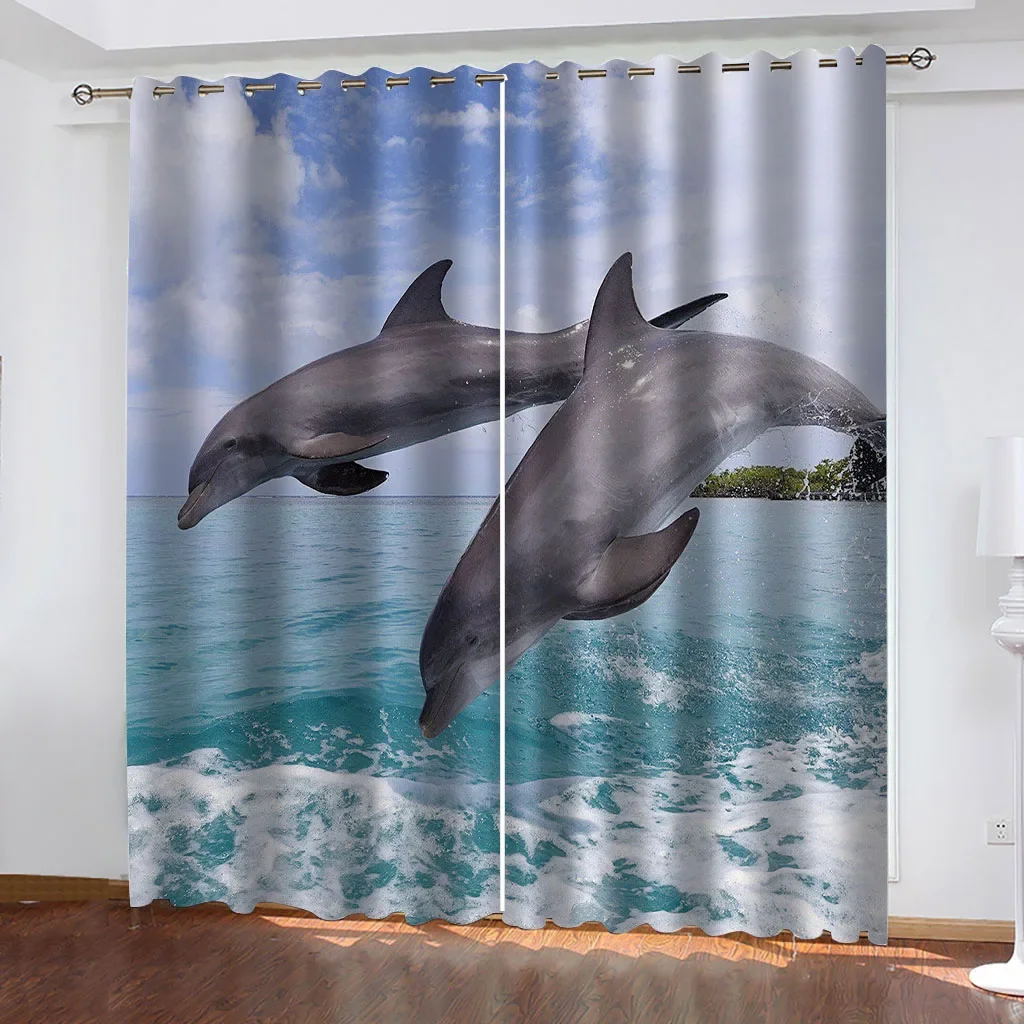 

HUANZHUANG Curtains Blackout Marine Animal Dolphin Modern Color Printing Curtain Living Room Bedroom Home Decoration Adult Decor