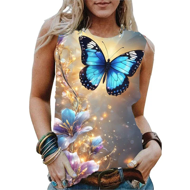 Zomer Bloem Vlinder 3d Print Tank Tops Vrouwen Streetwear Mode Oversized O-hals Vest Off Shoulder Mouwloze Vrouw Hemd