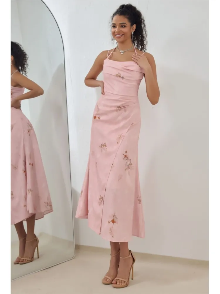 فساتين نسائية وردي رسن مطبوع مطوي بروتيل رداء أنيق غير رسمي للحفلات الراقصة ملهى ليلي لحفلات الزفاف والولائم المسائية #4