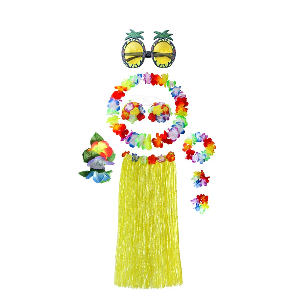 

8Pcs Hawaiian Hula Grass Skirt Set Tropical Party Dress Pink Elastic Waistband Flower Bra Headband Bracelets Sunglasses