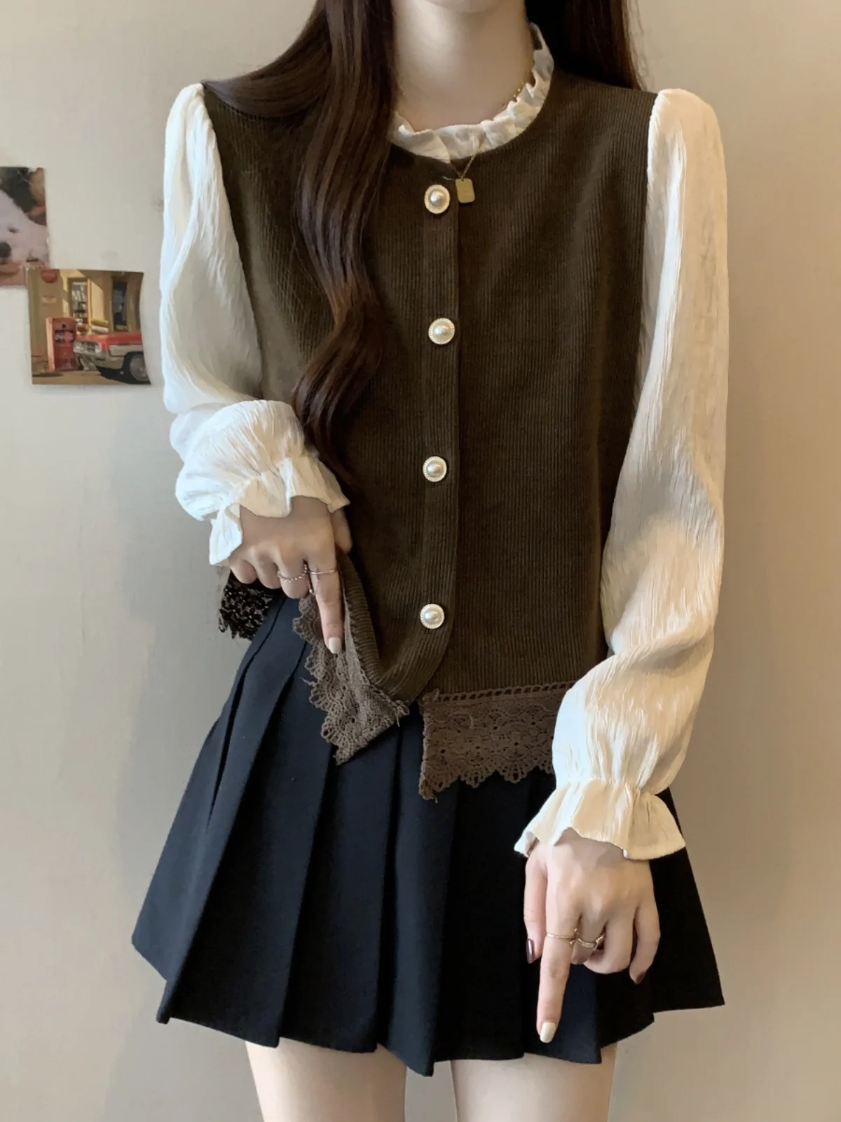 

plus Size Women's irt Casual Sle High Waist Corduroy Long Sve Inner Wear Layered Design Fake Two-Piece Blouse