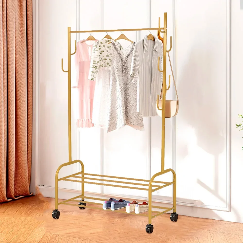 

2 Layer Garment Rack on Wheels with Top Rod Bottom Shelves for Hanging Clothes Coats Skirts Shirts Clothing Storage with Hooks