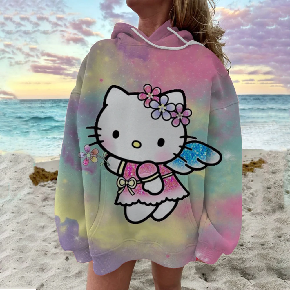 Hoodies Women Basic Hello Kitty Printed Loose Hoodie Sweatshirt Long Sleeve Kangaroo Pocket Drop Shoulder Pullovers Top