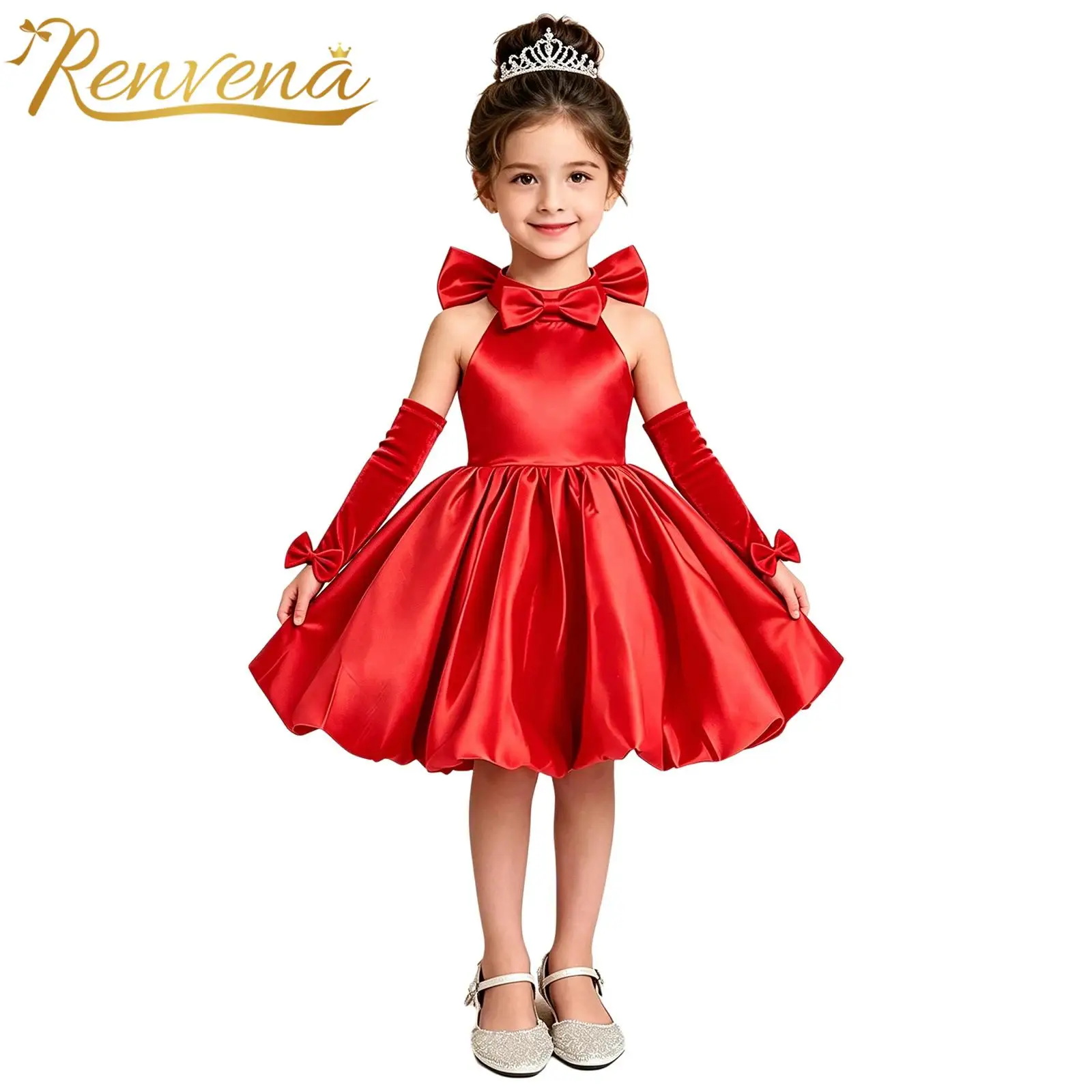 Christmas Dresses for Girls Kids Halter Sleeveless Birthday Party Gown Satin Princess Dress with Gloves for Festival Outfit