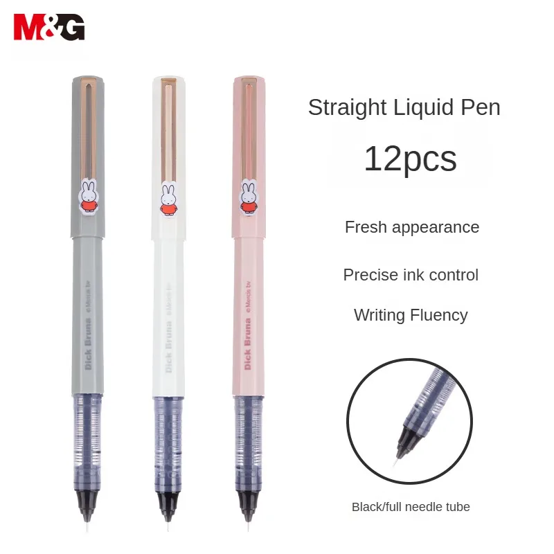 M&G 12pcs/box Gel Pen 0.5mm Black Miffy Series Straight Liquid Signature Pen Full Syringe Pen for Students Office Writing